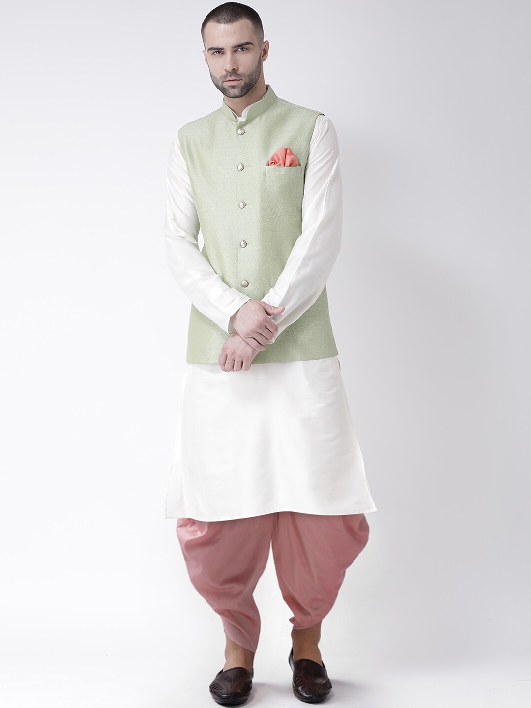 

KISAH Men Green & White Kurta with Dhoti Pants With Nehru Jacket