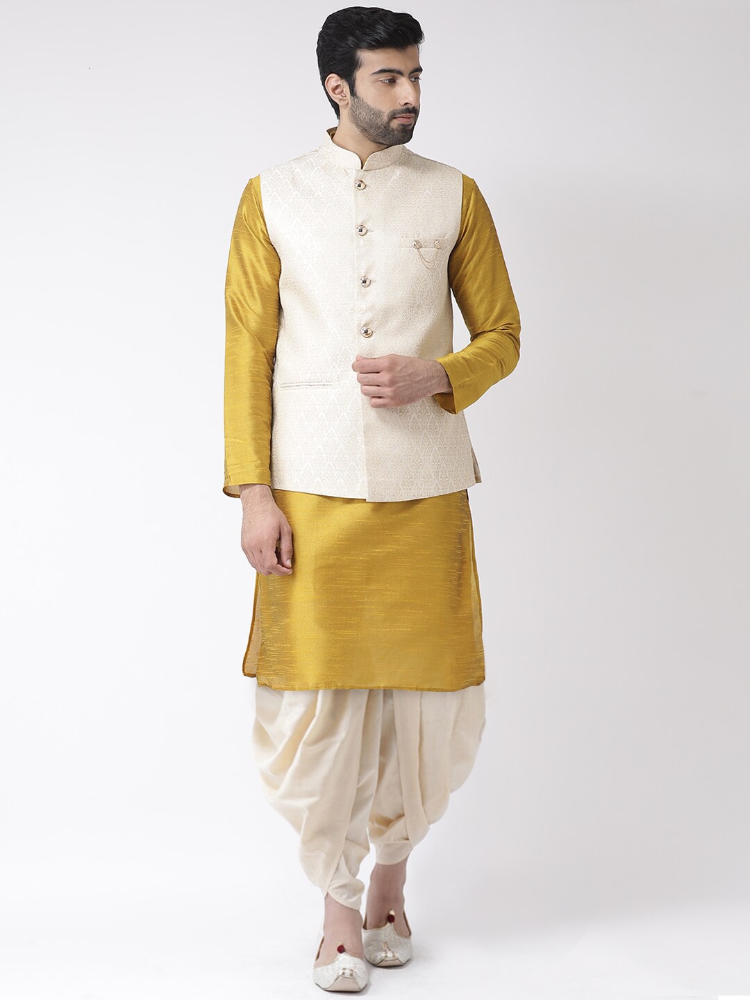 

KISAH Men Gold-Toned Solid Kurta with Dhoti Pants with Nehru Jacket