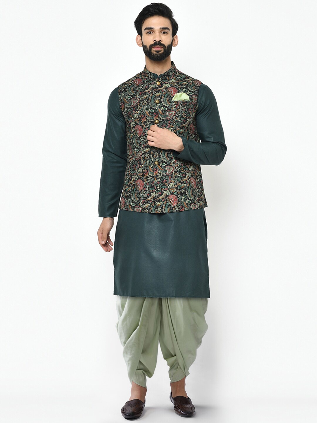 

KISAH Men Kantha Printed Regular Fit Kurta Jacket Dhoti Set, Teal