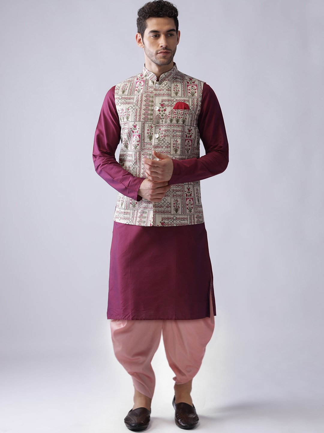 

KISAH Men Magenta Kurta with Dhoti Pant & Printed Nehru Jacket