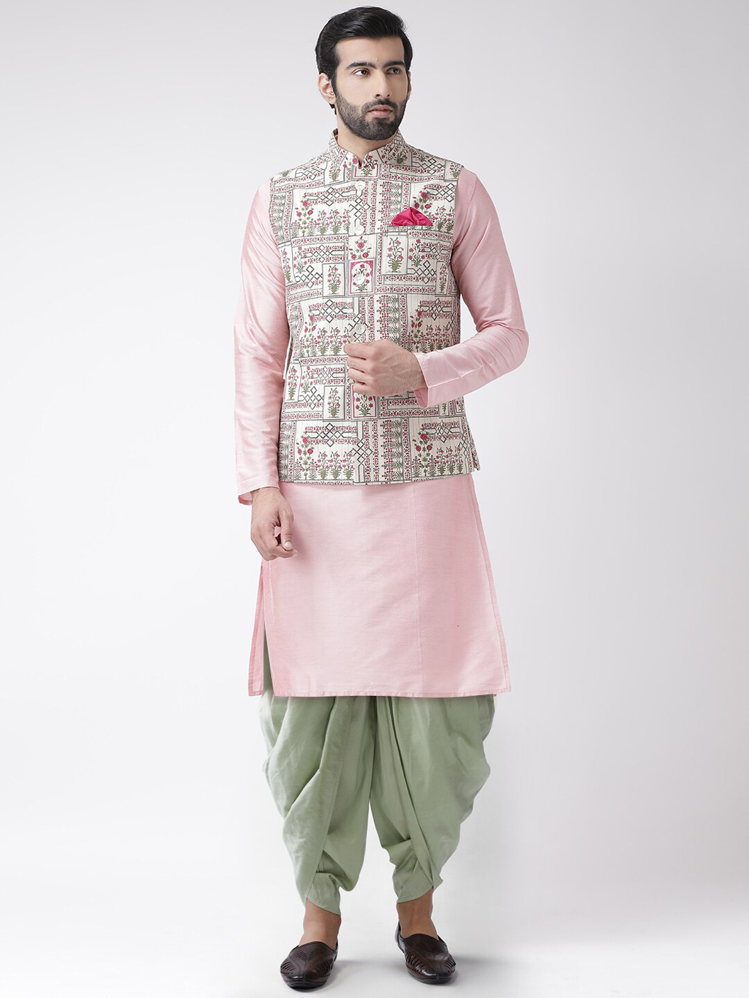 

KISAH Men Ethnic Motifs Kurta with Dhoti Pants & Floral Printed Nehru Jacket Set, Pink