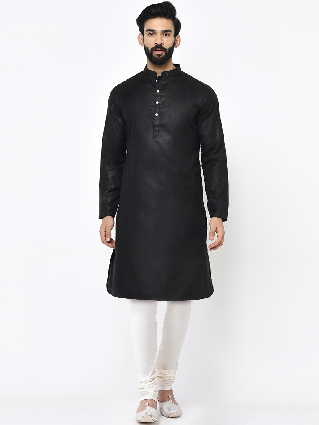 

KISAH Men Black Solid Kurta with Churidar & Printed Nehru jacket