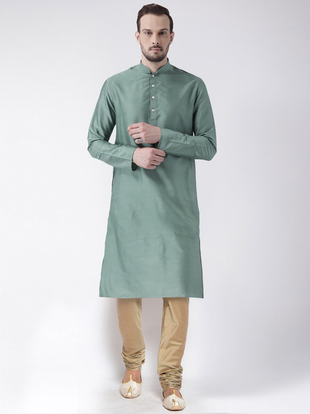 

KISAH Men Green & Beige Kurta with Churidar & Nehru Jacket