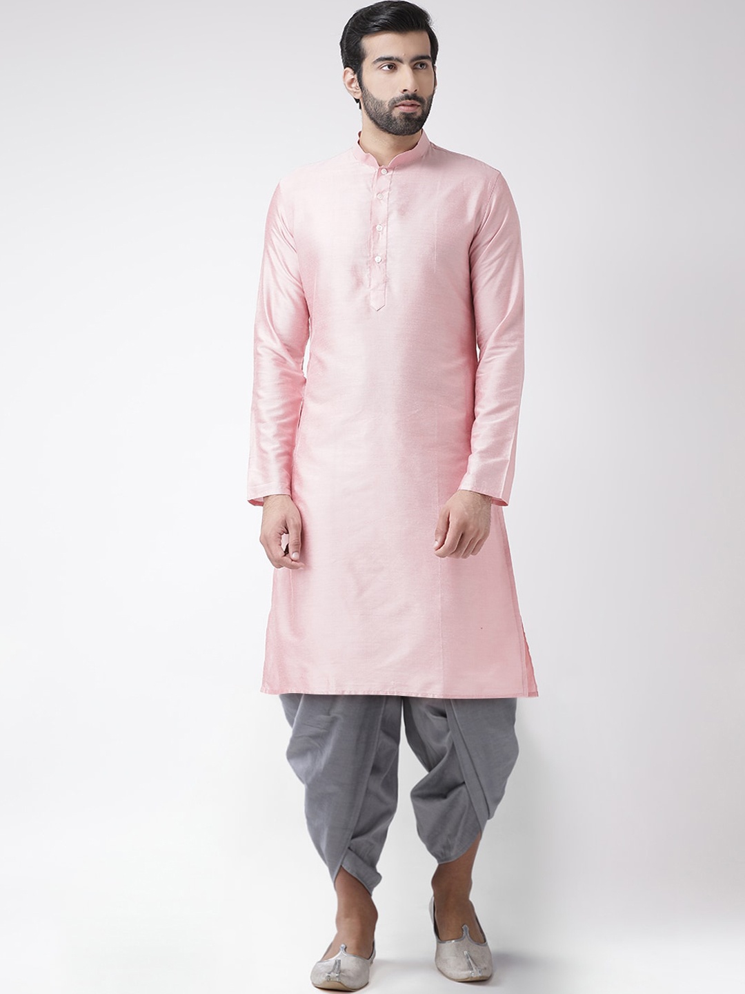 

KISAH Men Pink Solid Kurta with Dhoti Pants & Floral Printed Nehru Jacket