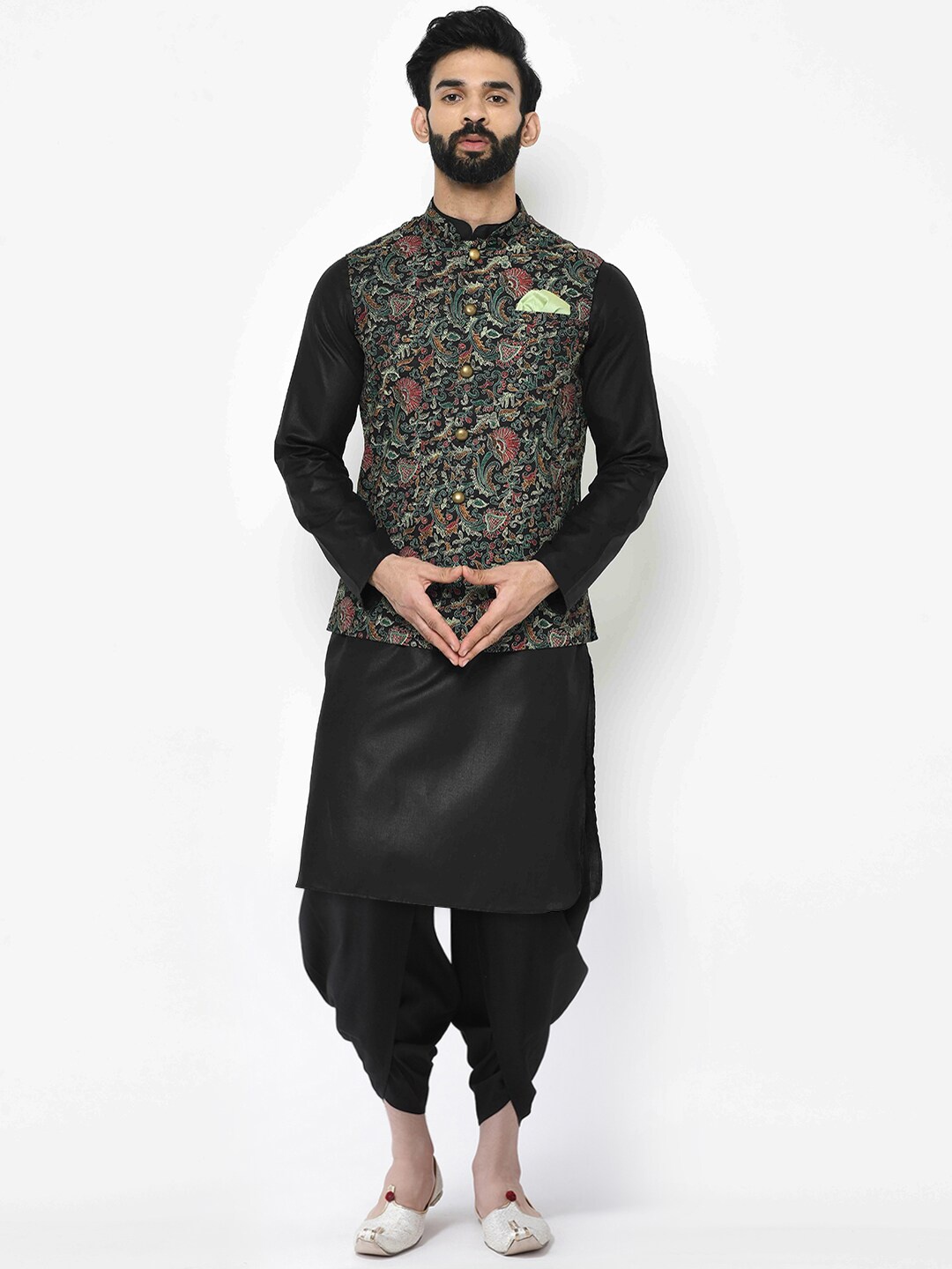

KISAH Men Kantha Printed Kurta with Dhoti Pants, Black