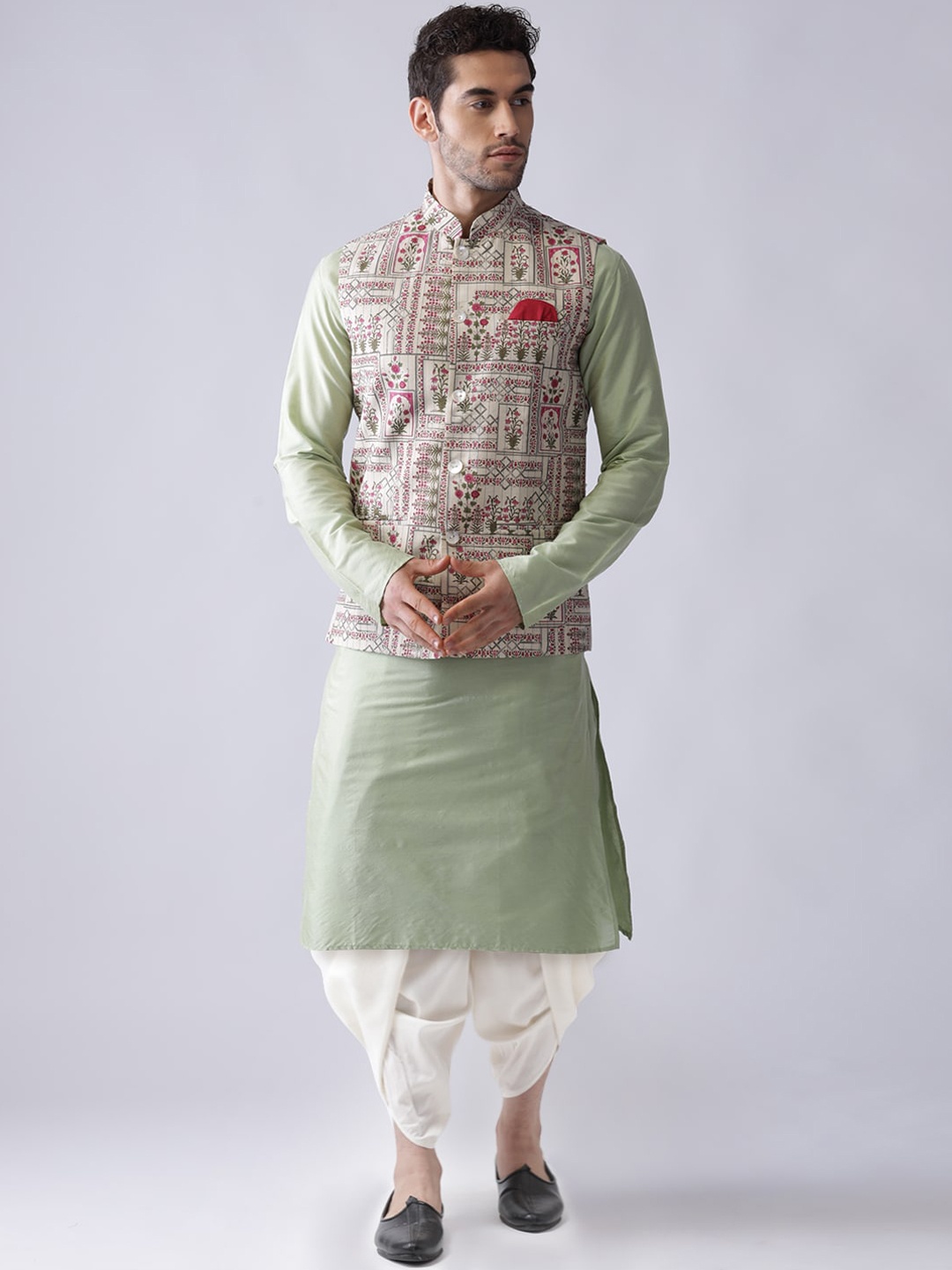 

KISAH Men Green Floral Printed Kurta with Dhoti Pants