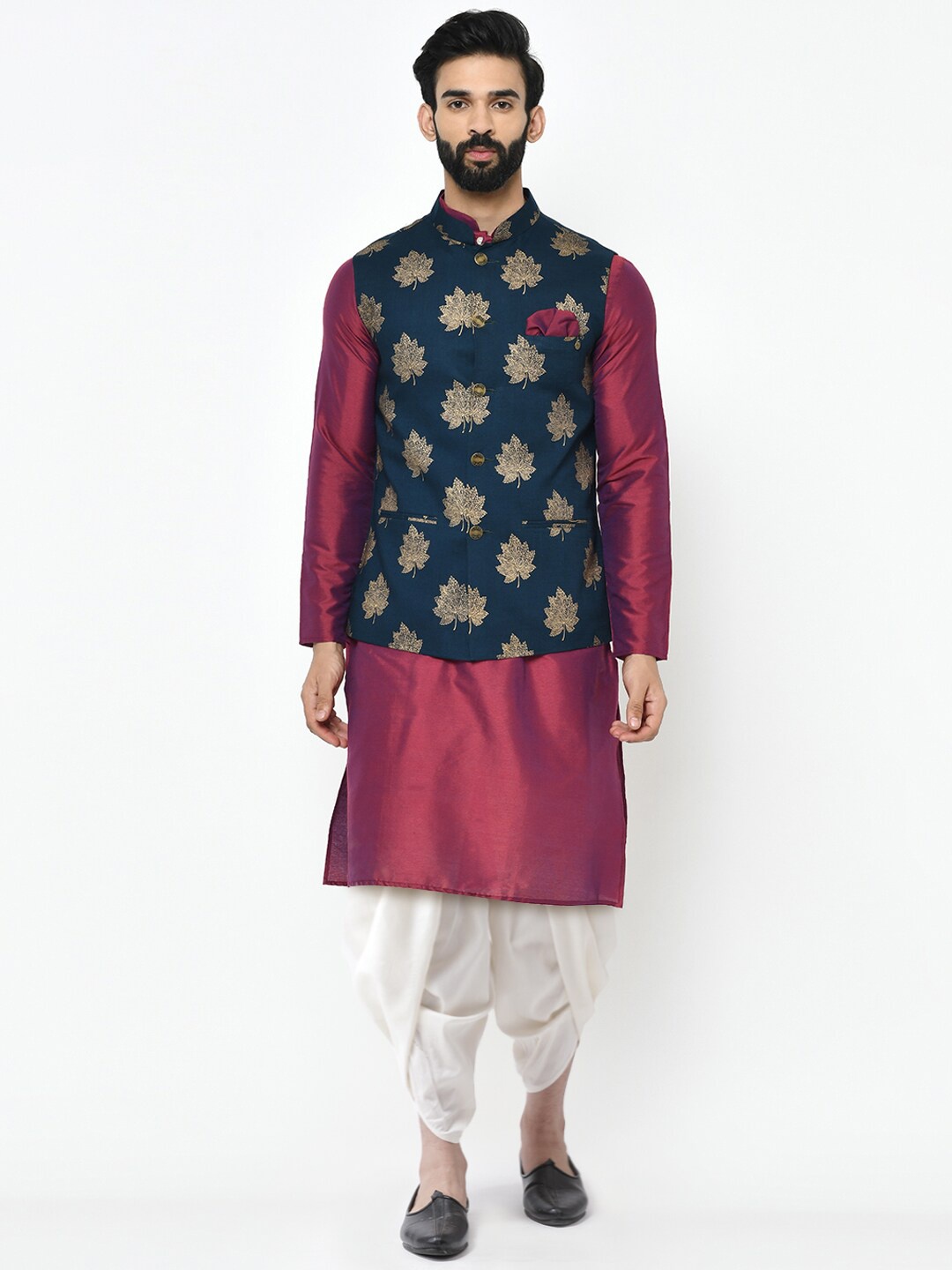 

KISAH Men Maroon Solid Kurta with Dhoti Pant & Printed Nehru jacket