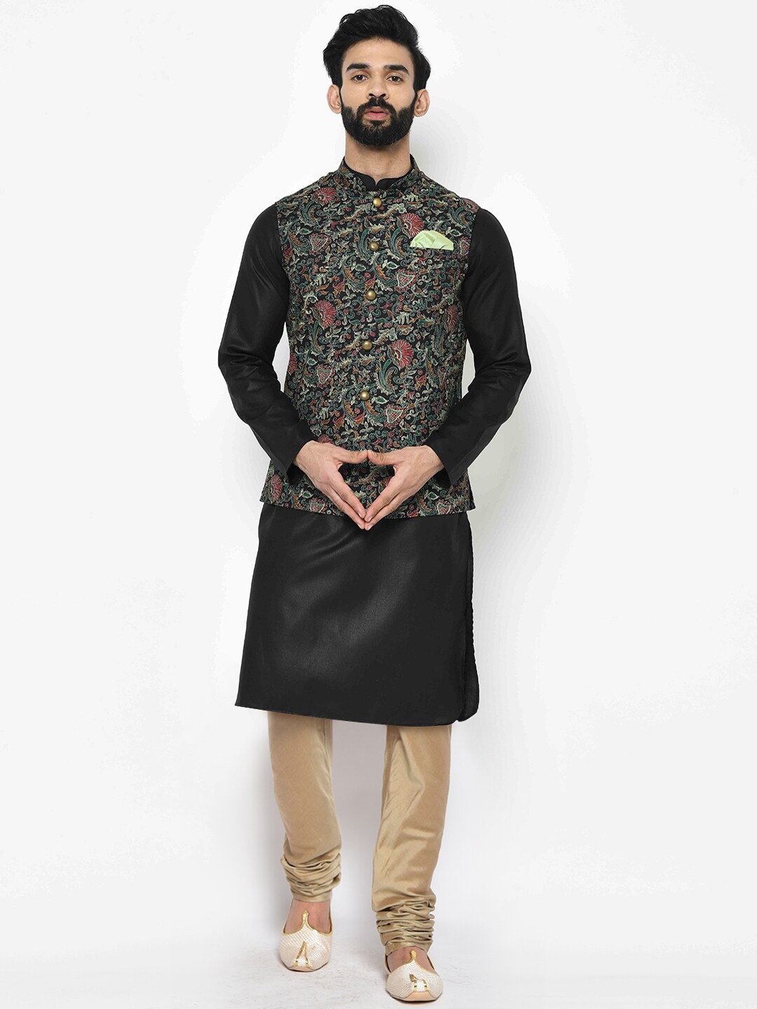 

KISAH Men Black Floral Printed Kurta with Churidar & With Nehru Jacket