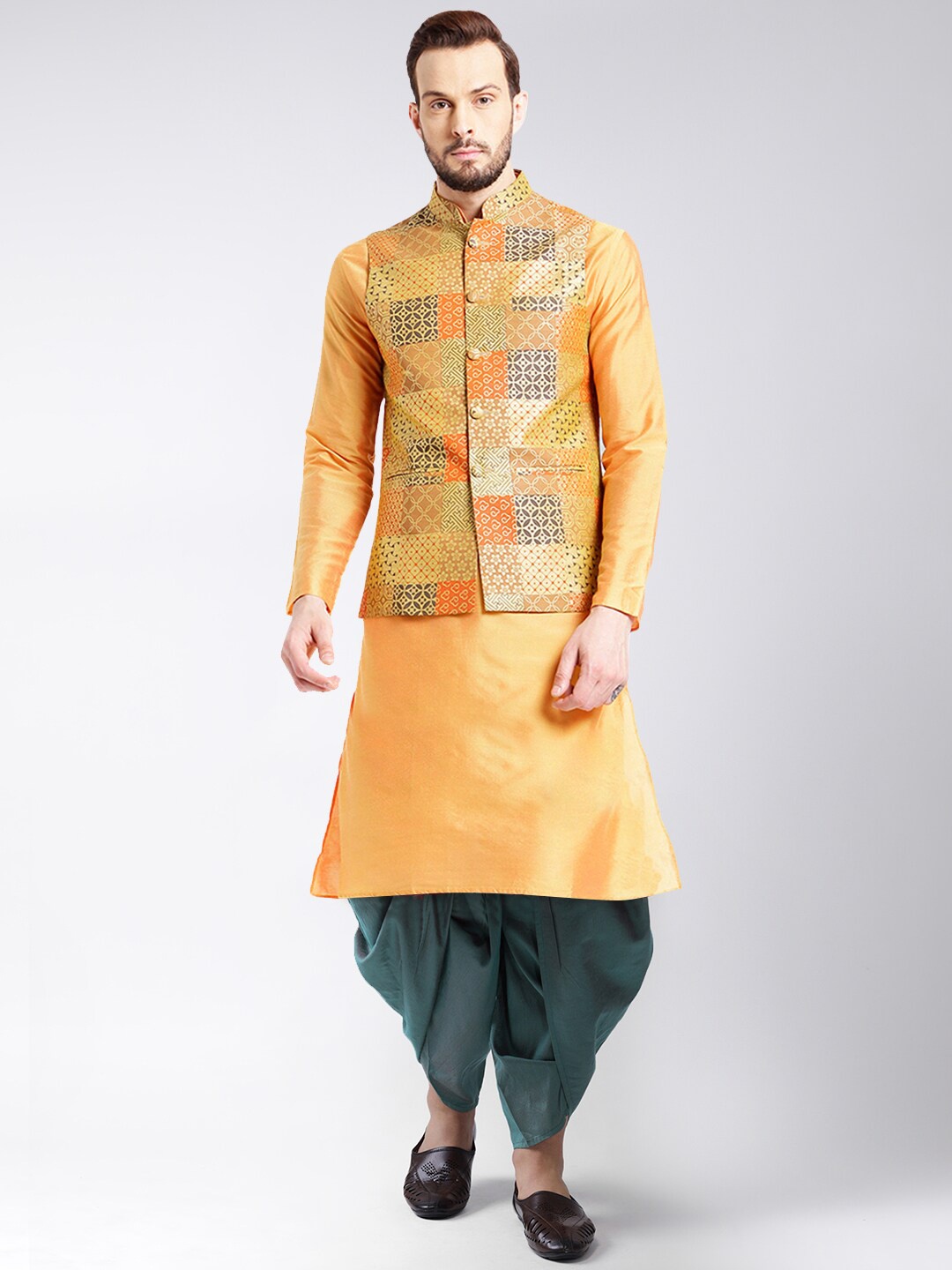 

KISAH Men Yellow Kurta with Dhoti Pant & Nehru Jacket