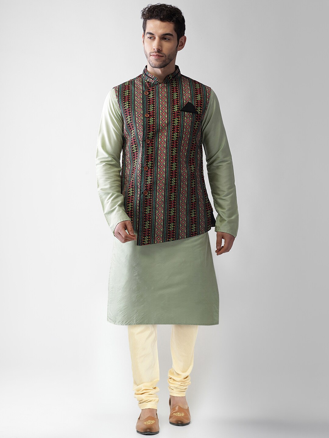 

KISAH Men Green Kurta with Churidar & Nehru Jacket Set