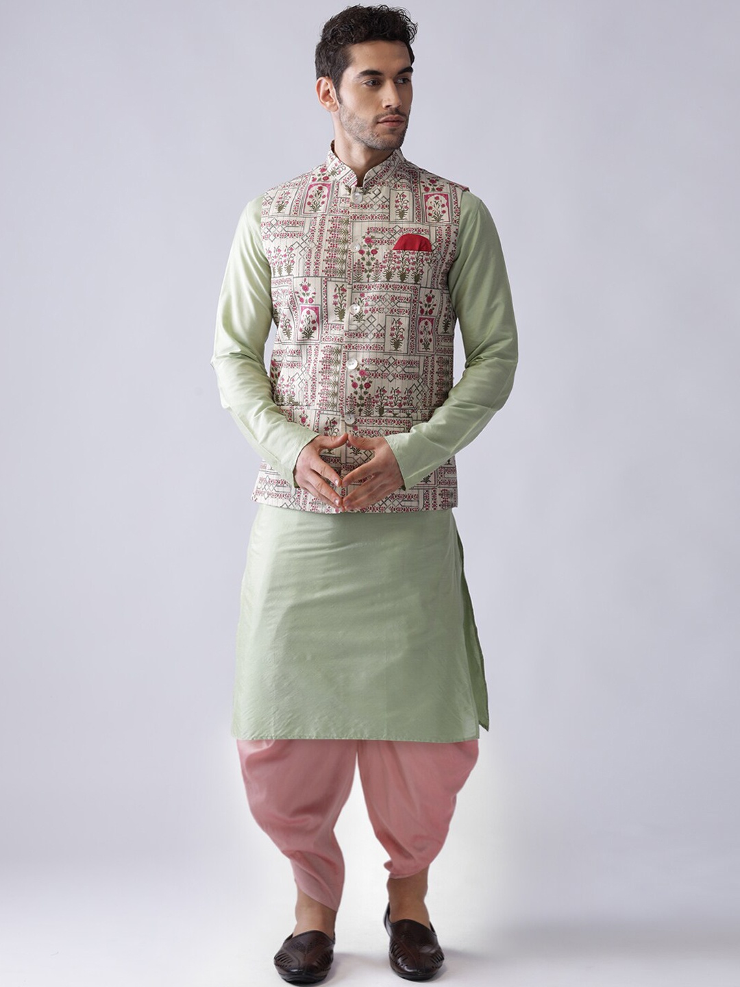 

KISAH Men Green Solid Kurta with Dhoti Pant & Printed Nehru Jacket