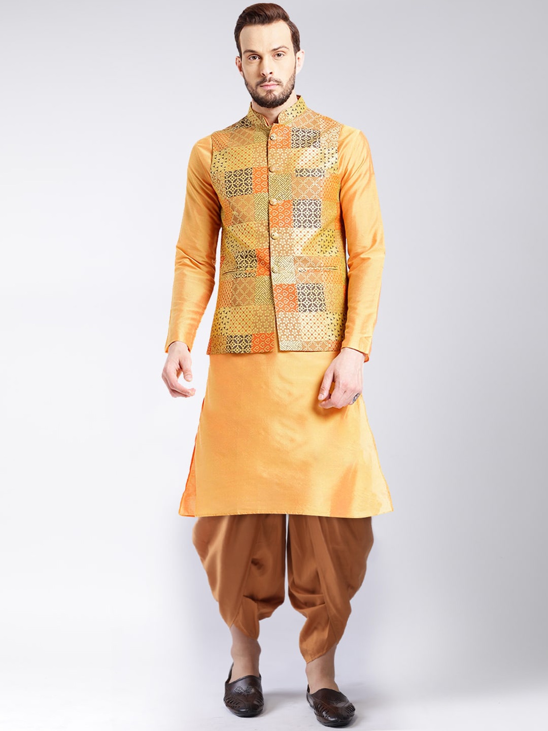 

KISAH Men Orange Kurta with Dhoti Pants & Nehru Jacket Set