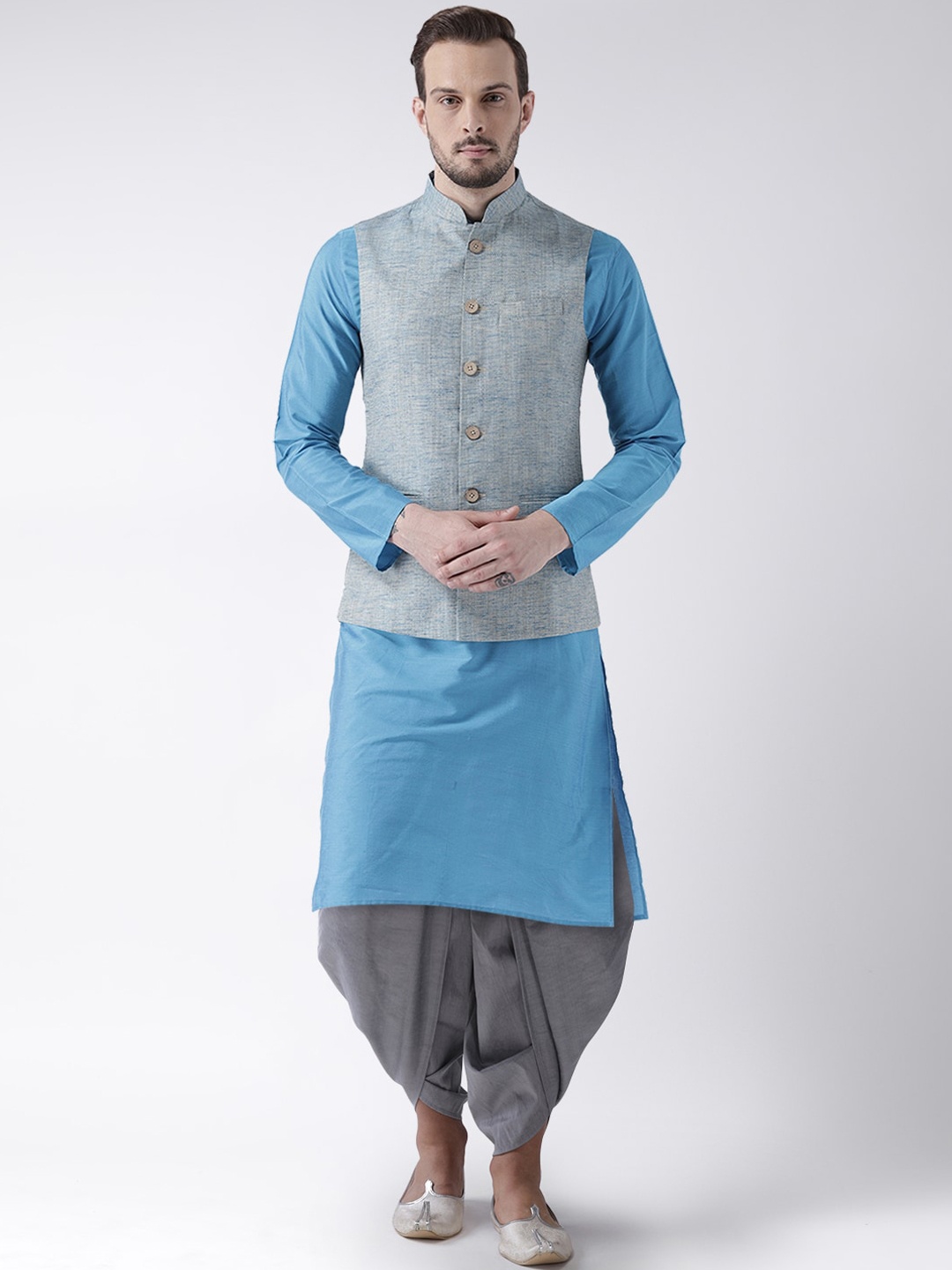 

KISAH Men Blue Kurta with Dhoti Pant & Jacket Set