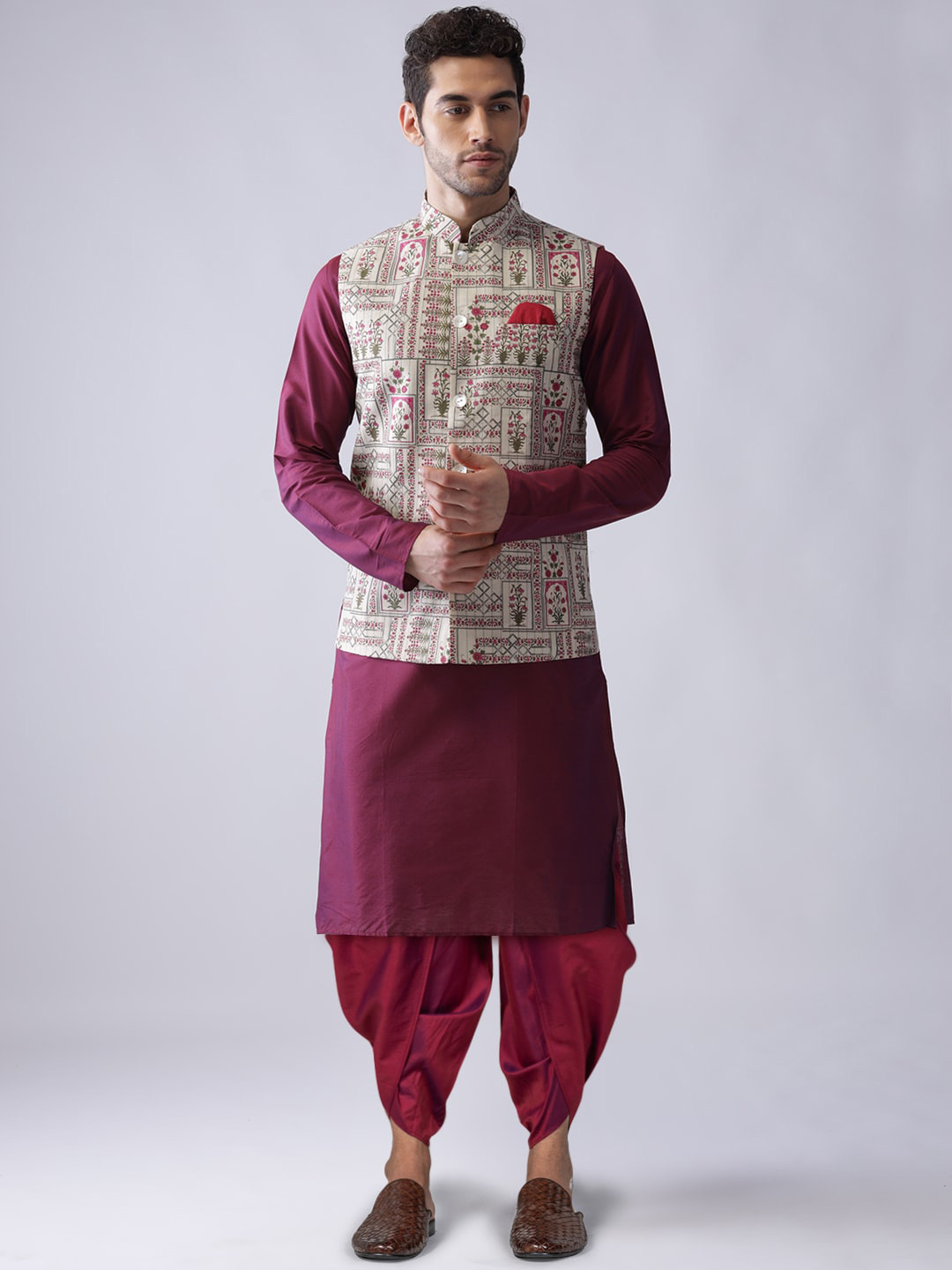 

KISAH Men Maroon Kurta with Dhoti Pants & Printed Nehru Jacket Set