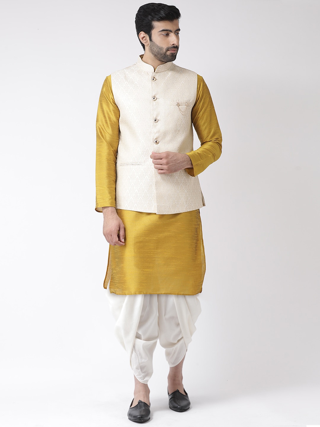 

KISAH Men Gold-Toned Kurta with Dhoti Pants & Jacquard Nehru Jacket Set