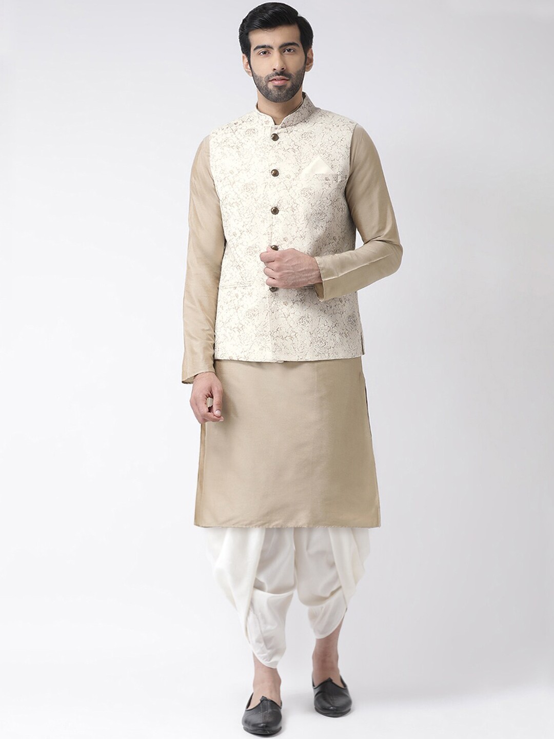 

KISAH Men Beige & White Kurta with Dhoti Pants & Nehru Jacket