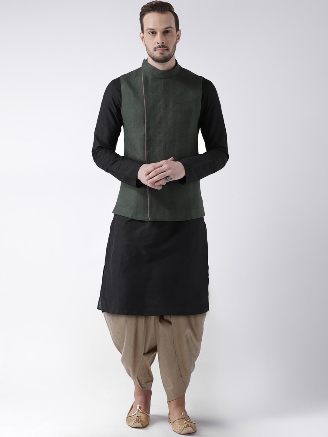 

KISAH Men Olive Green Kurta with Dhoti Pant & Nehru Jacket