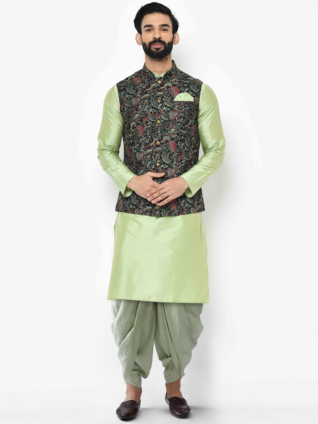 

KISAH Men Green Kurta with Dhoti Pants & Printed Nehru Jacket Set