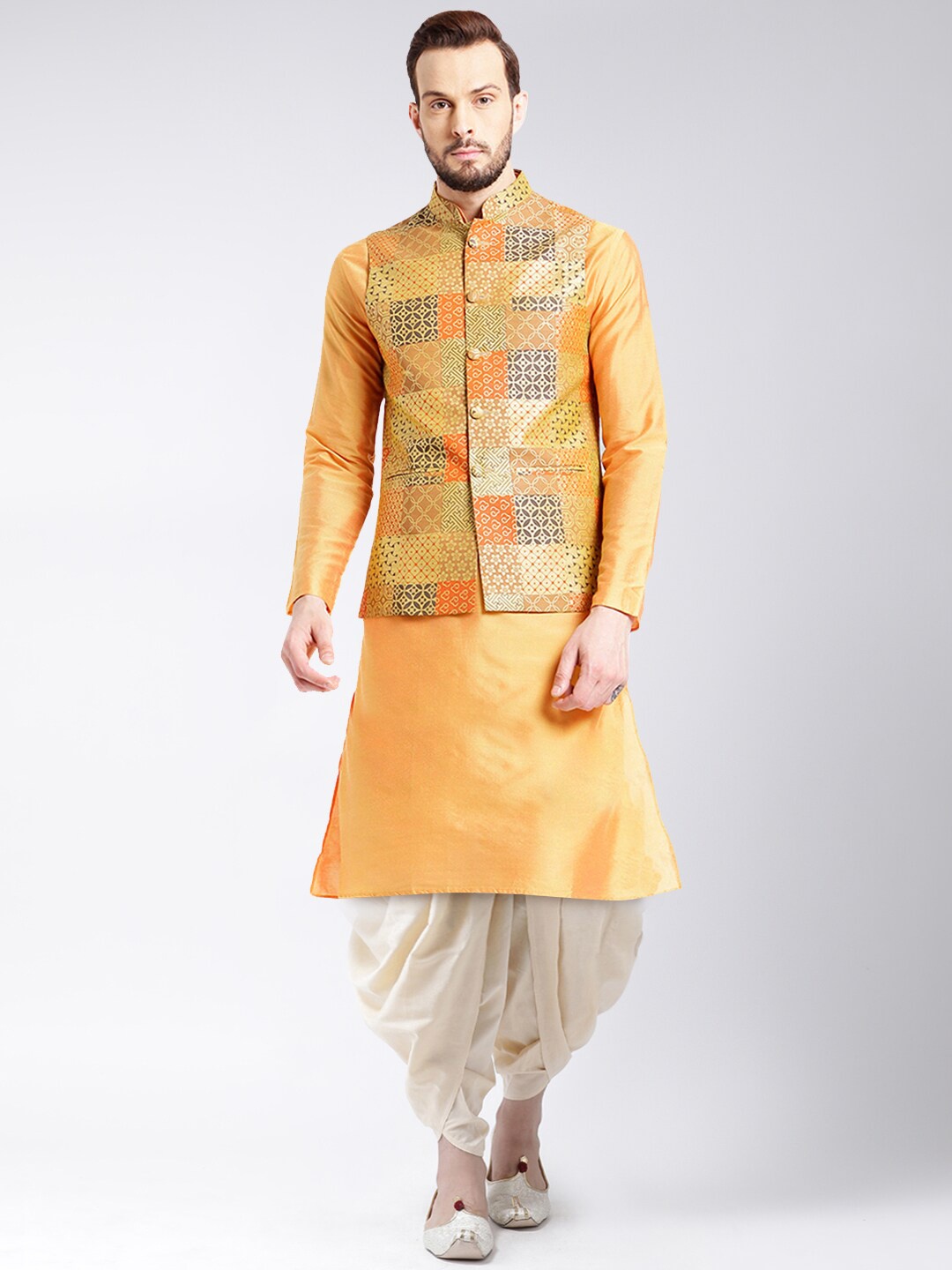 

KISAH Men Mustard Yellow Kurta with Dhoti Pants & Nehru Jacket