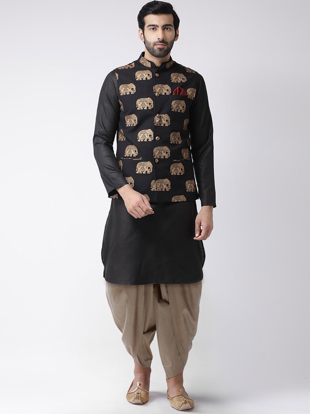 

KISAH Men Black Kurta with Dhoti Pants & Animal Foil Print Nehru Jacket Set