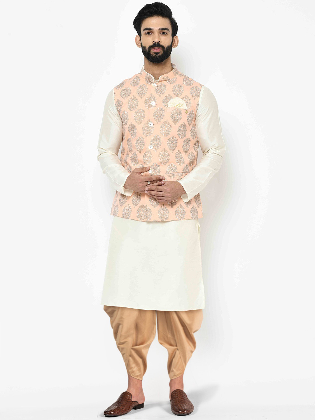 

KISAH Men Peach-Coloured Kurta with Dhoti Pants & Woven Design Nehru Jacket