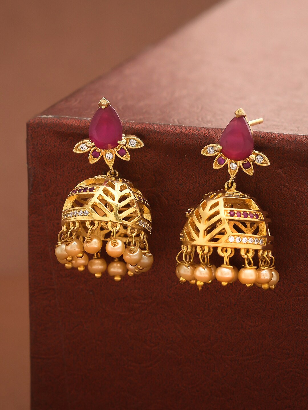 

Voylla Gold-Toned & Pink Contemporary Jhumkas Earrings