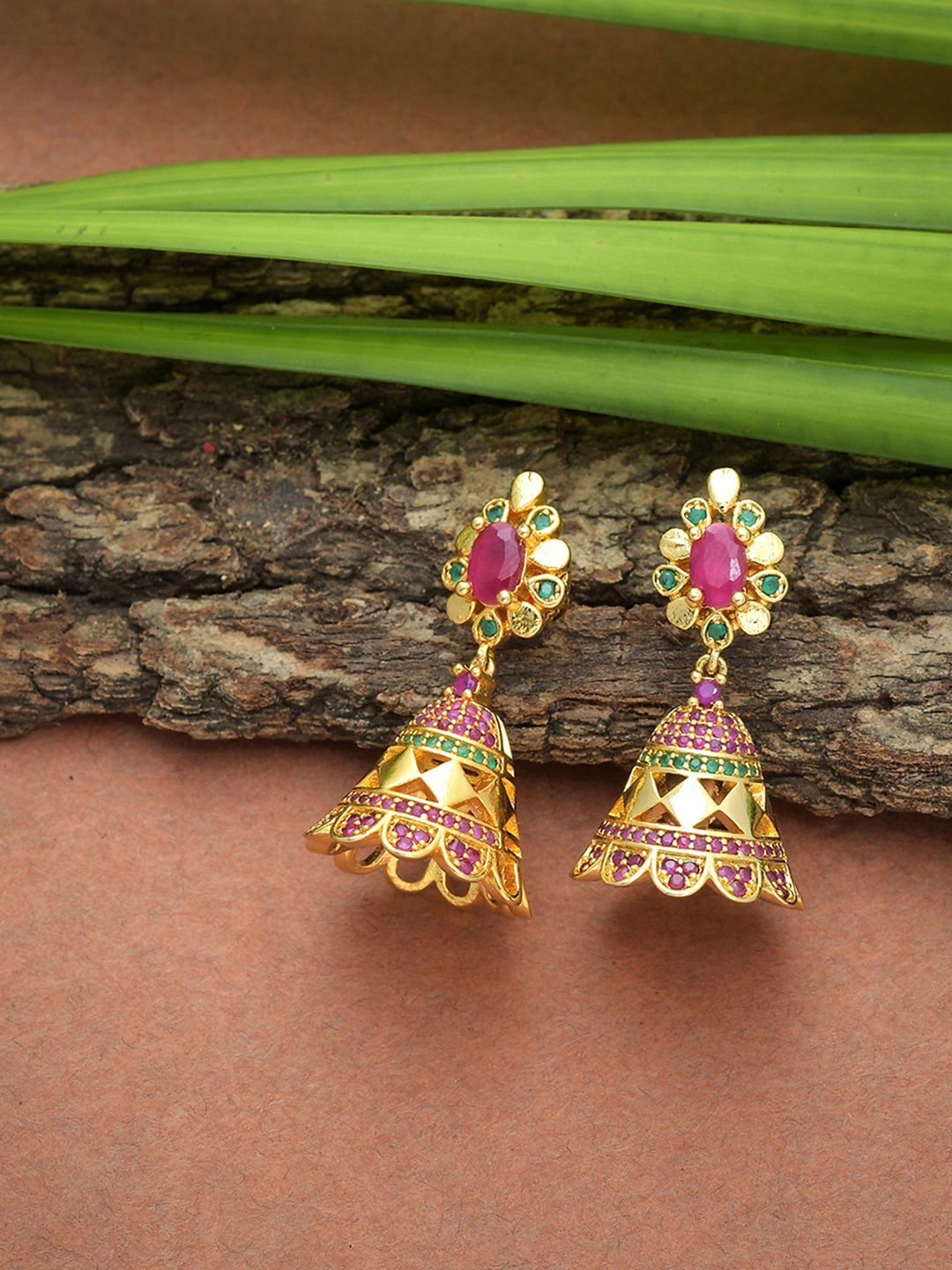 

Voylla Gold-Toned & Pink Dome Shaped Jhumkas Earrings