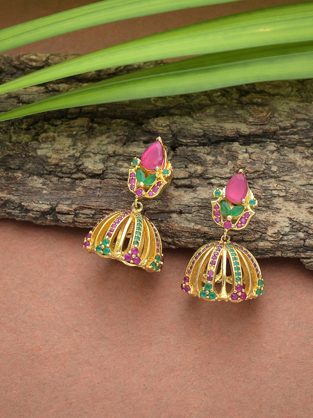 

Voylla Green & Pink American Gold Plated Contemporary Jhumkas Earrings