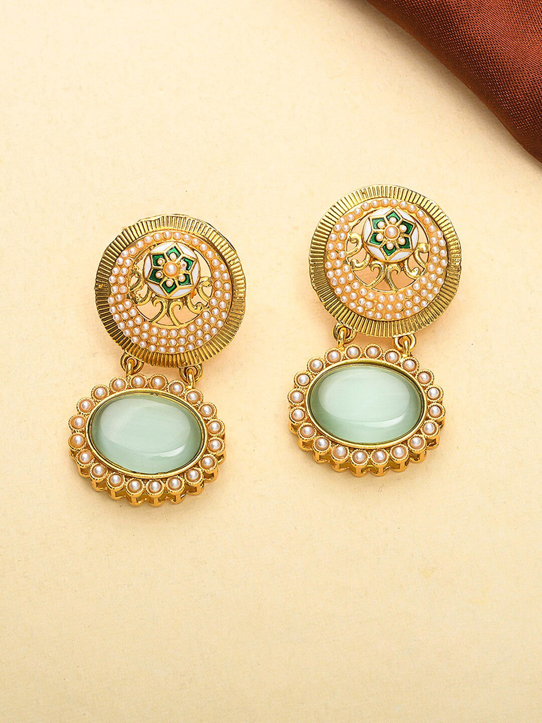 

Voylla Gold-Plated and Green Ethnic Circular Drop Earrings