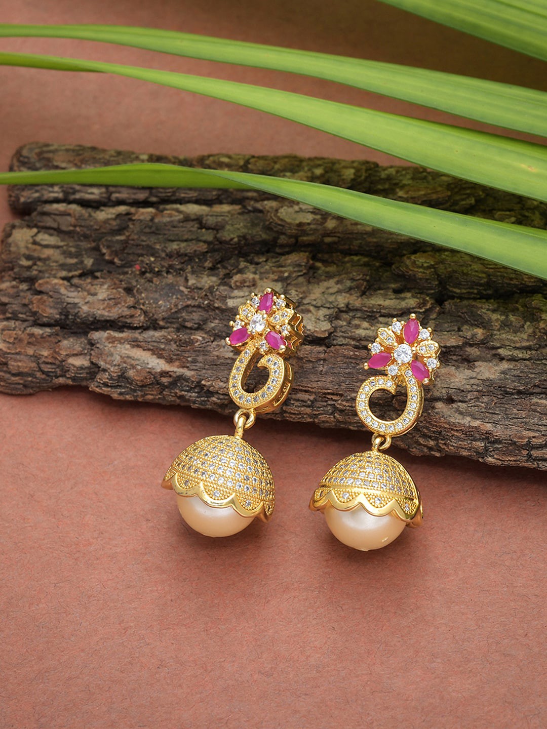 

Voylla Gold-Toned & Pink Contemporary Jhumkas Earrings