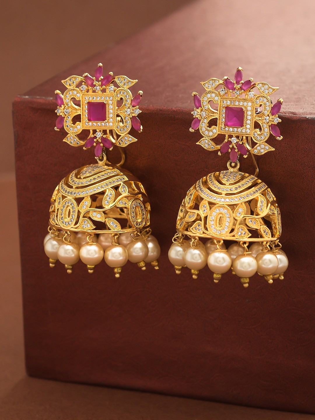 

Voylla Women Gold-Plated & Pink Dome Shaped Jhumkas Earrings