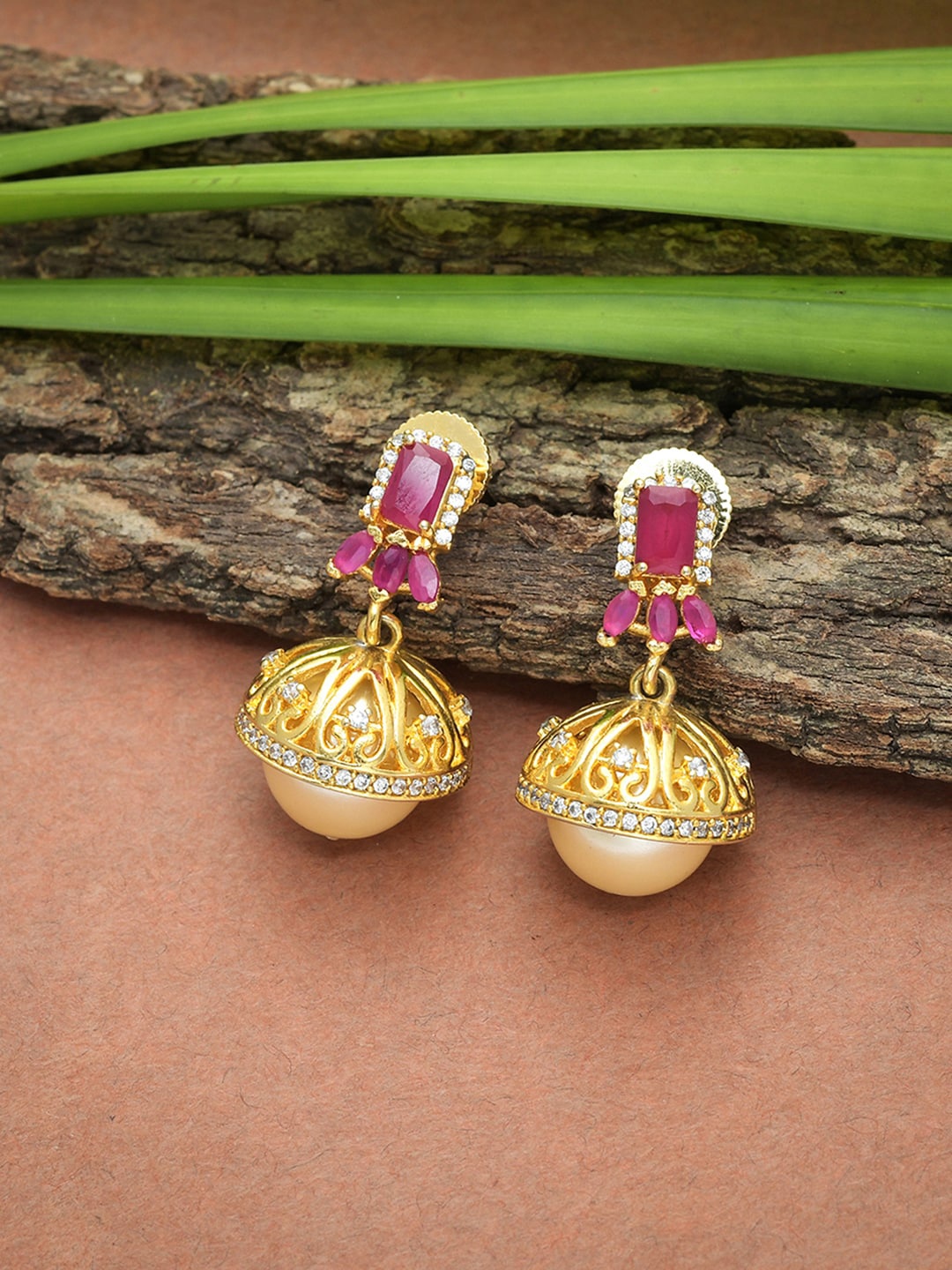 

Voylla Women Red & White CZ Gold-Plated Contemporary Drop Earrings