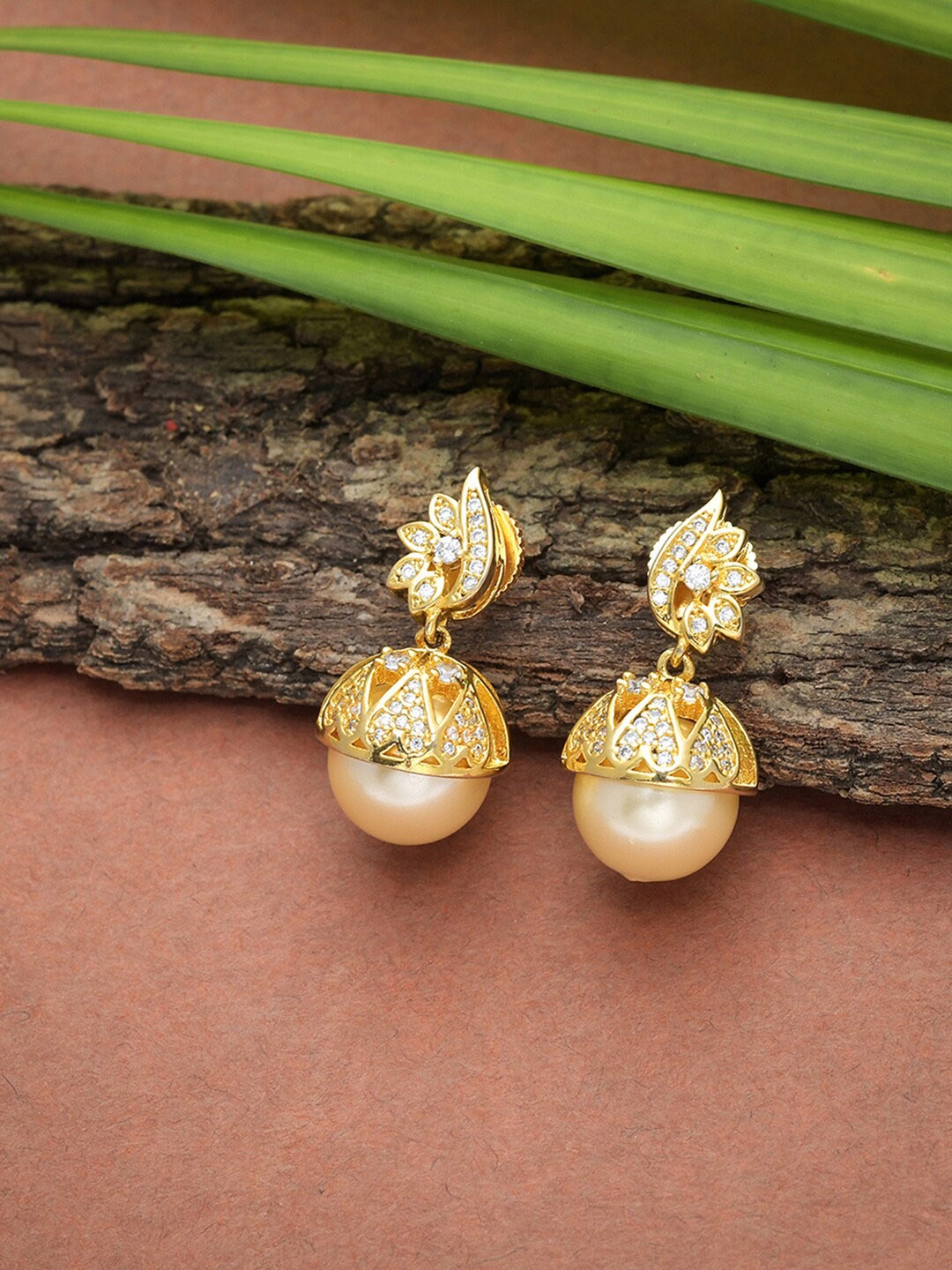 

Voylla Gold-Plated & White AD Studded Classic Drop Earrings