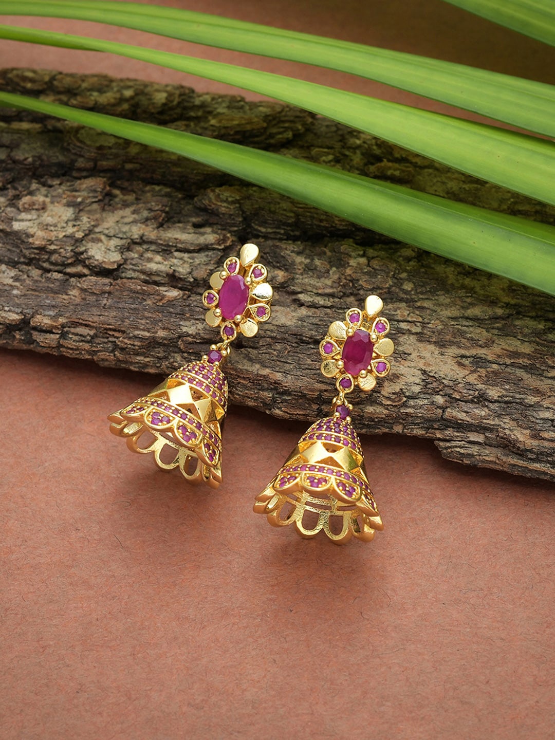 

Voylla Women Gold-Toned & Pink Contemporary Jhumkas Earrings
