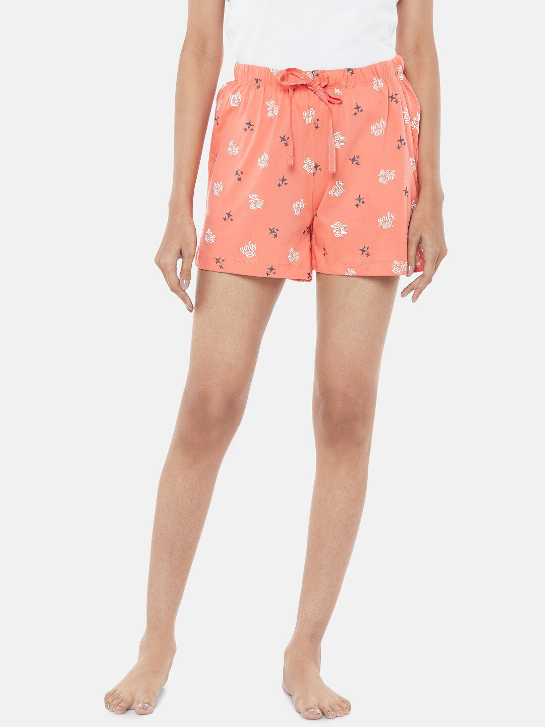 

Dreamz by Pantaloons Women Peach-Coloured & White Printed Cotton Lounge Shorts