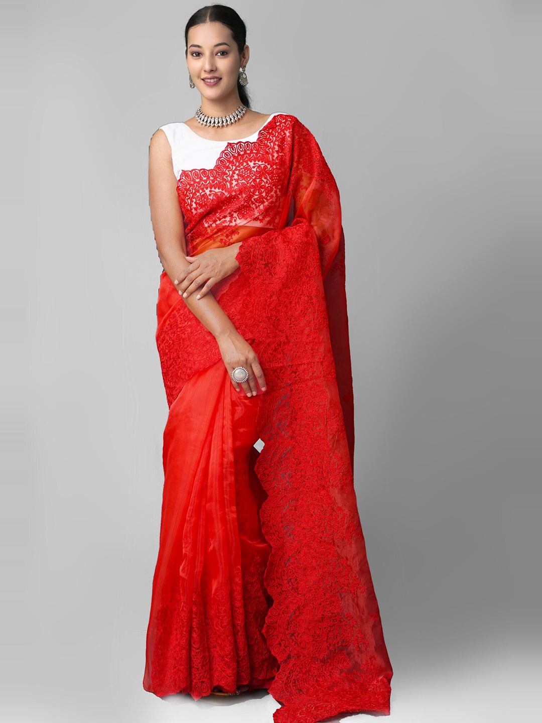 

Unnati Silks Red Floral Embroidered Organza Baluchari Saree