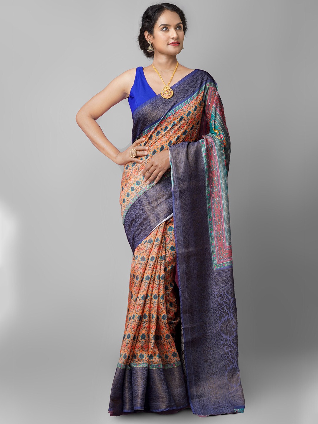 

Unnati Silks Blue & Pink Ethnic Motifs Zari Silk Cotton Maheshwari Saree