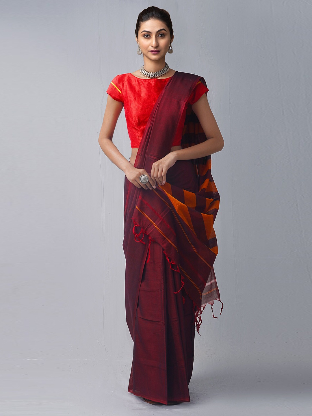 

Unnati Silks Maroon & Orange Pure Cotton Narayan Peth Saree