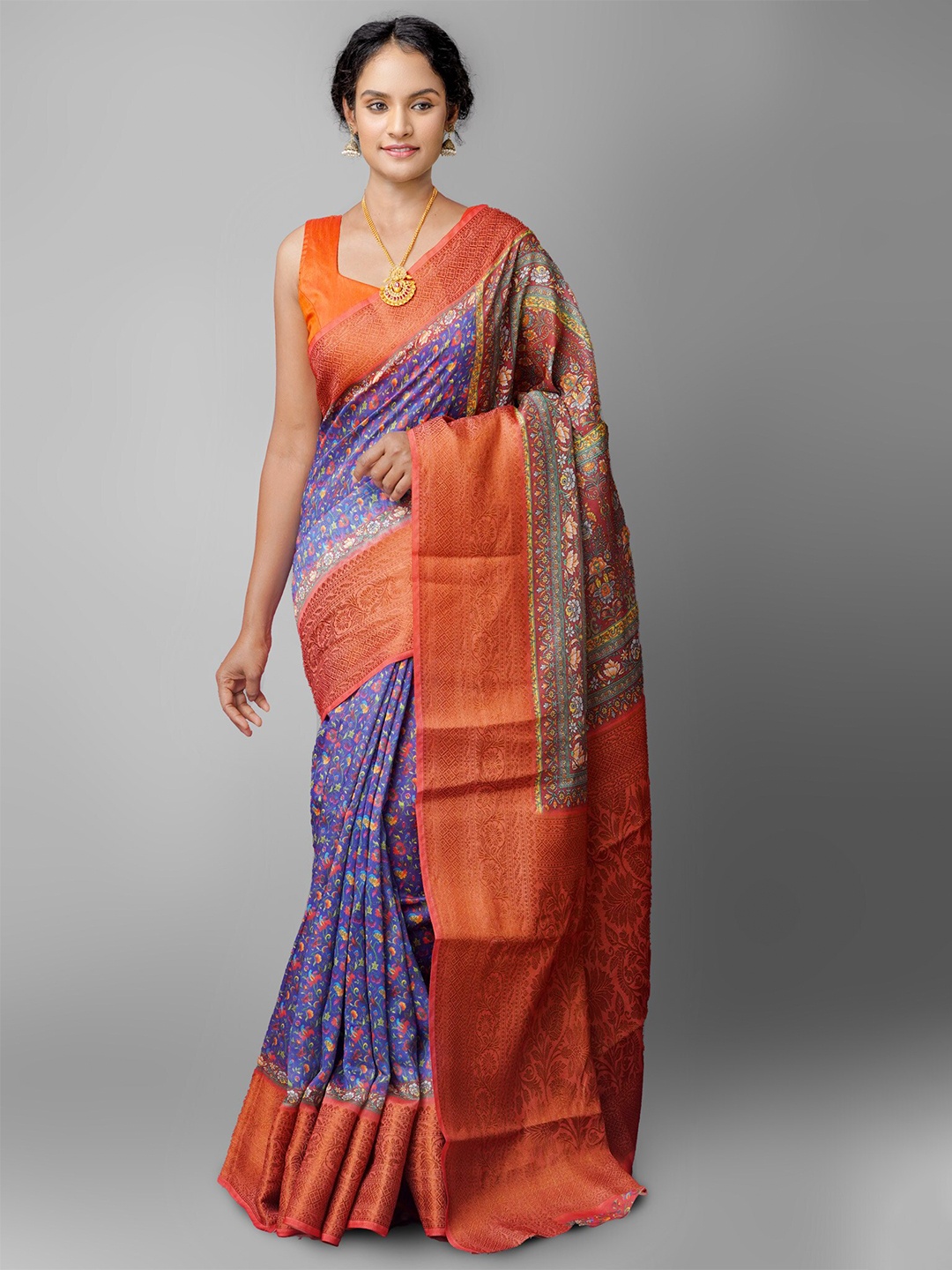 

Unnati Silks Blue & Orange Floral Printed Silk Cotton Maheshwari Saree