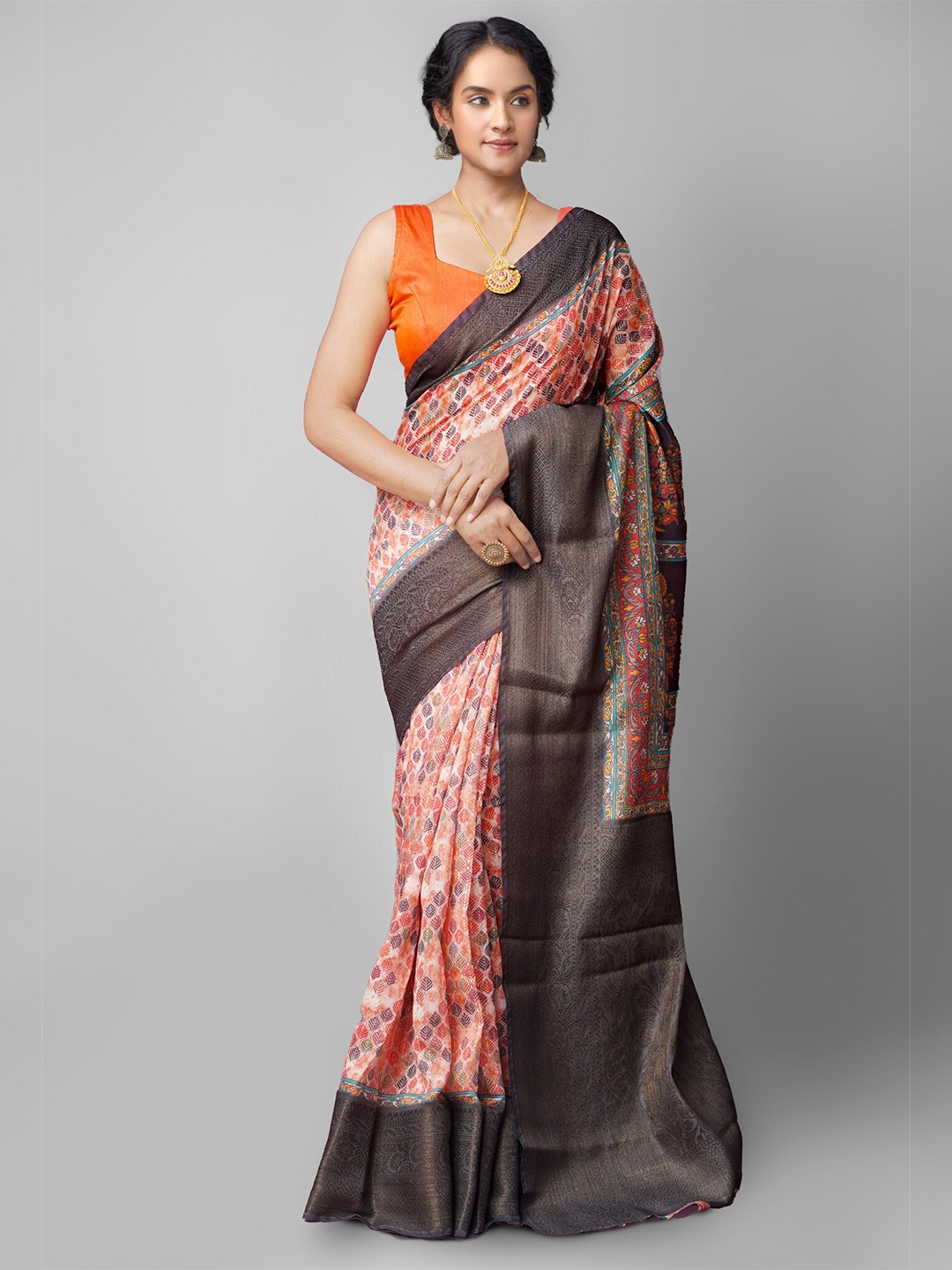 

Unnati Silks Orange & Purple Kalamkari Zari Silk Cotton Maheshwari Saree