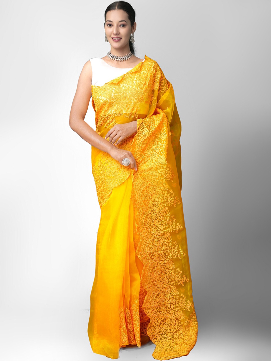

Unnati Silks Yellow Floral Embroidered Organza Baluchari Saree