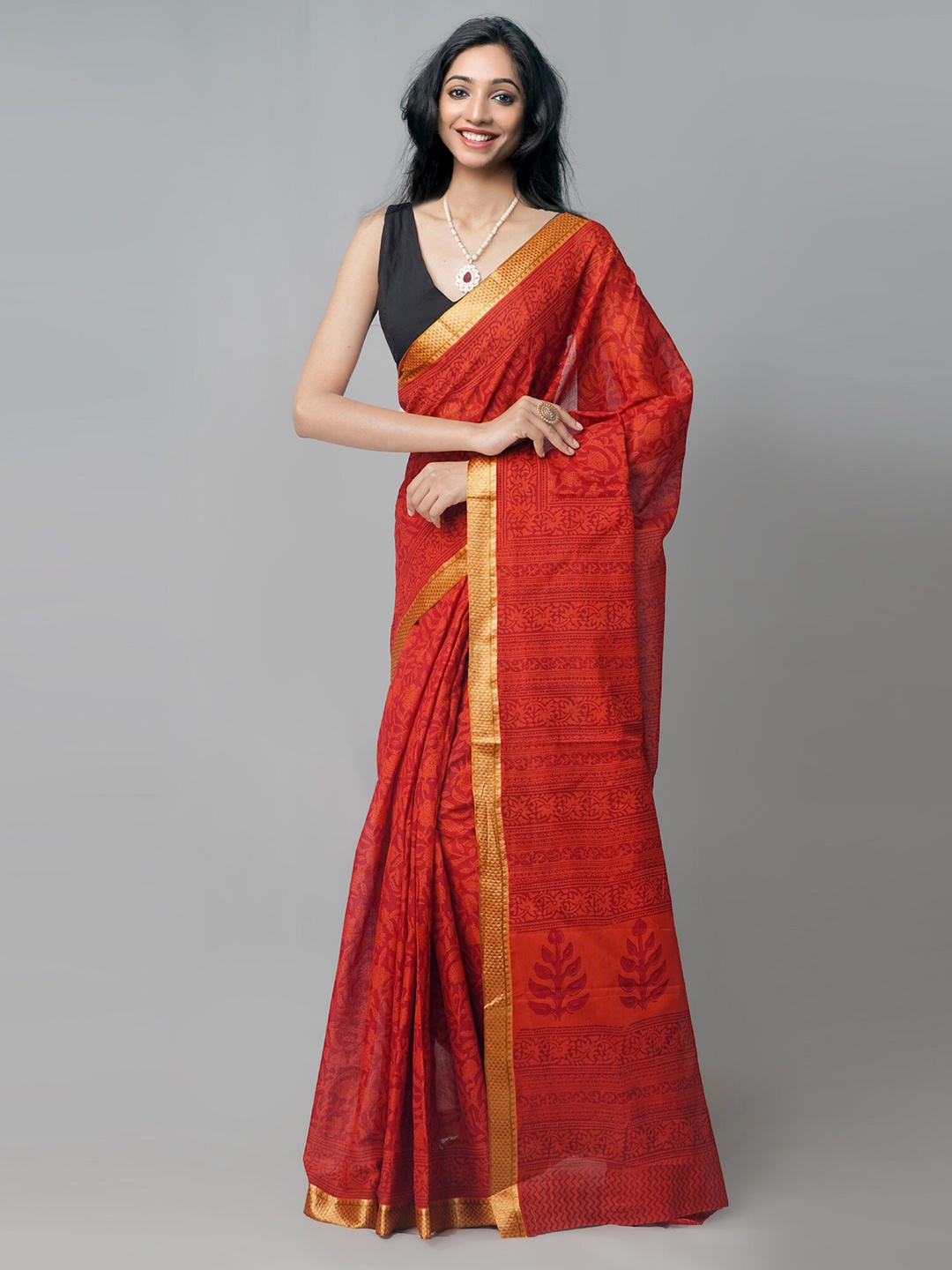

Unnati Silks Red & Gold-Toned Bagh Zari Pure Cotton Venkatgiri Saree