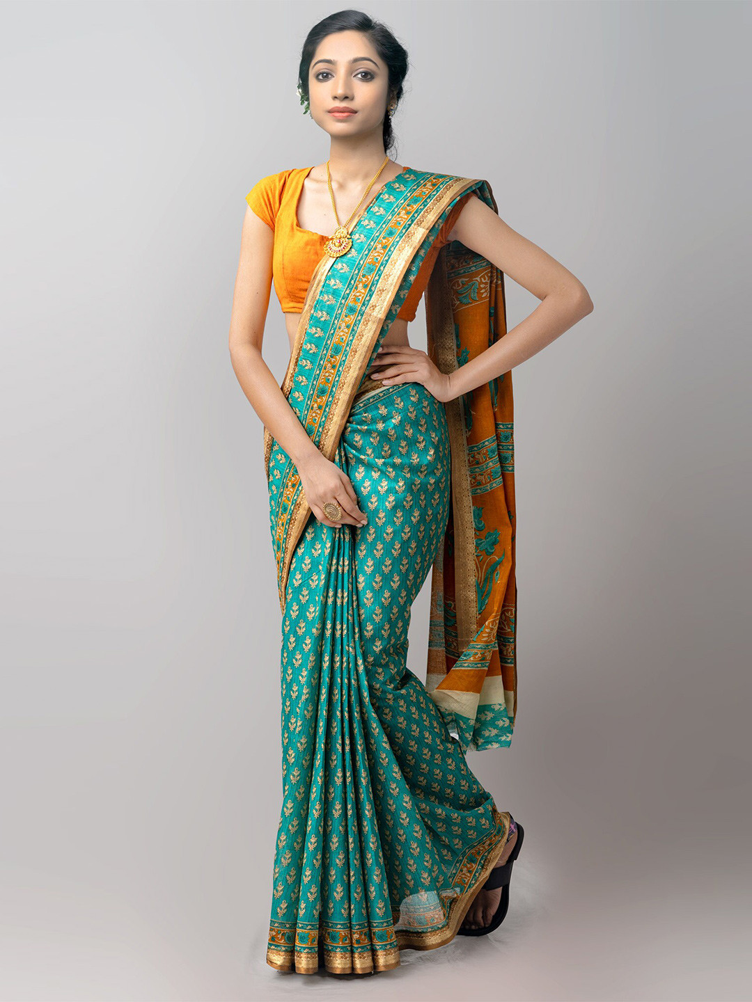 

Unnati Silks Green & Mustard Ethnic Motifs Pure Cotton Kovai Saree