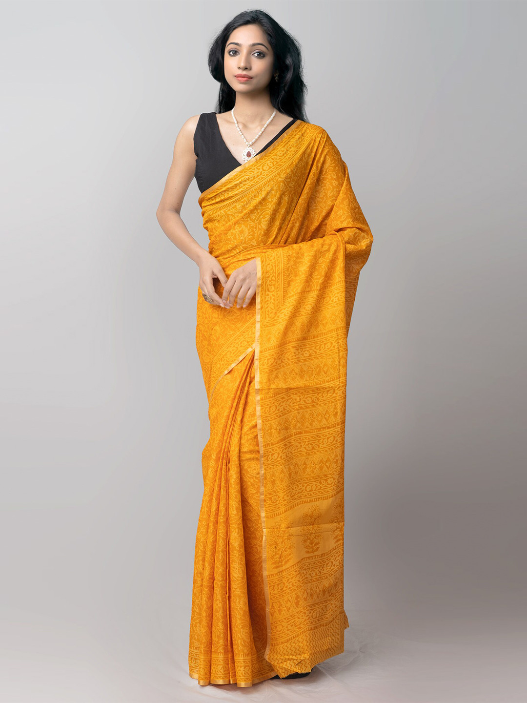 

Unnati Silks Yellow Floral Zari Pure Cotton Venkatgiri Saree