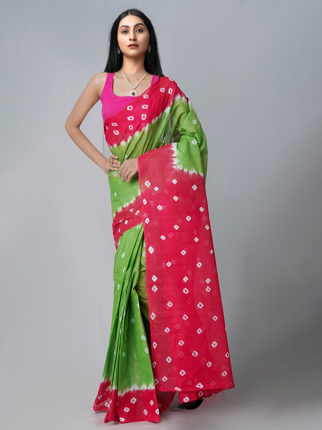 

Unnati Silks Green & Pink Bandhani Pure Cotton Kota Saree
