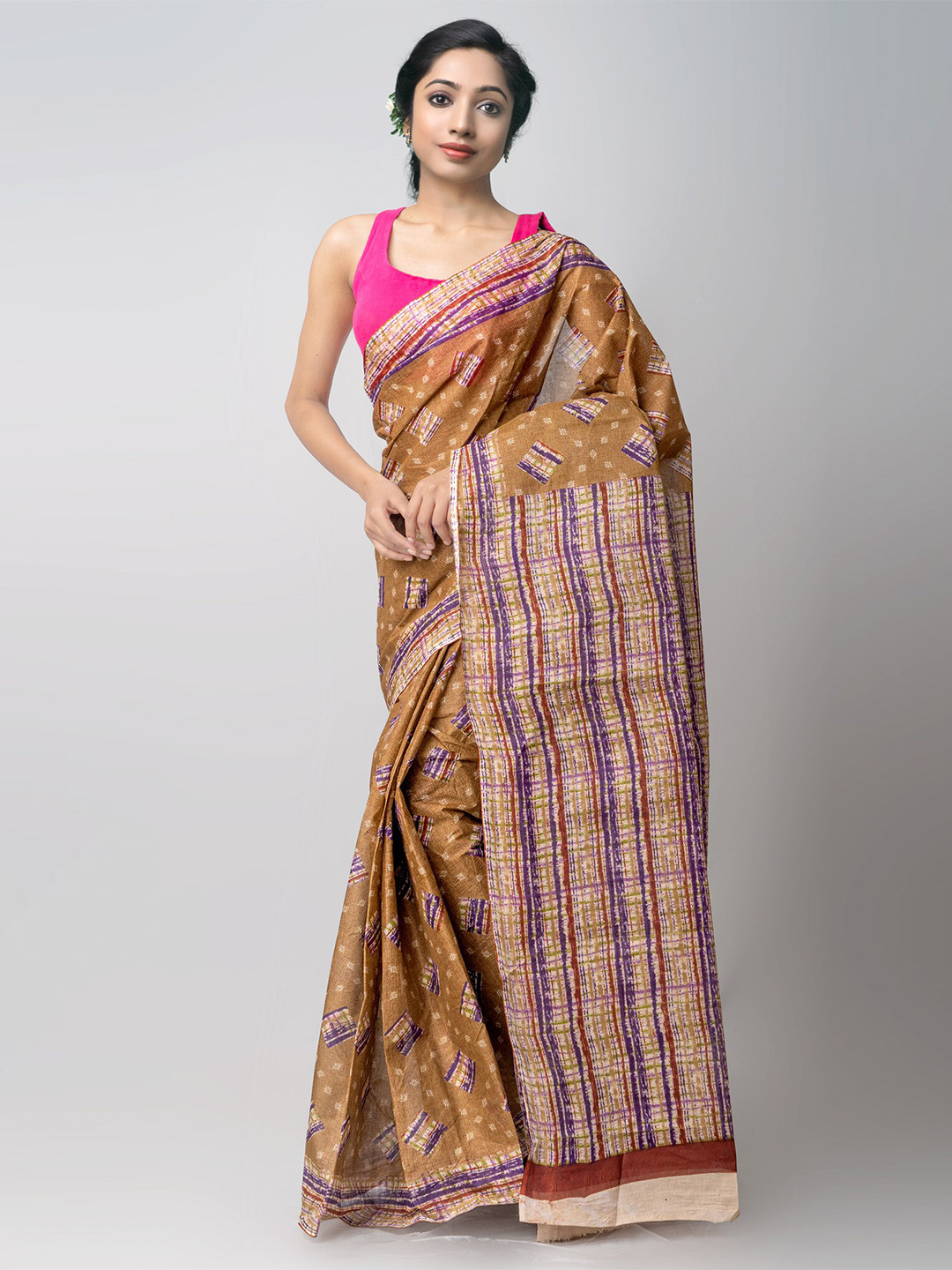 

Unnati Silks Brown & Purple Geometric Pure Cotton Kovai Saree