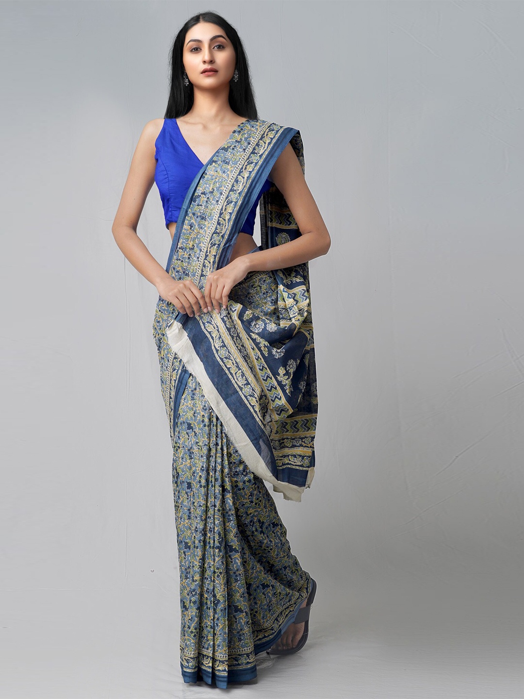 

Unnati Silks Blue & Grey Ethnic Motifs Pure Cotton Kovai Saree