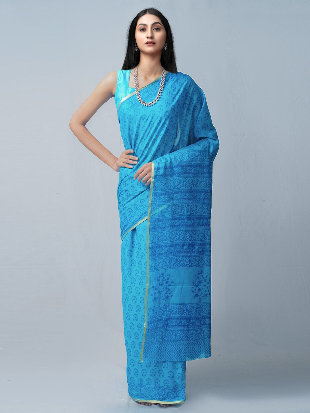 

Unnati Silks Blue & Gold-Toned Floral Zari Pure Cotton Venkatgiri Saree