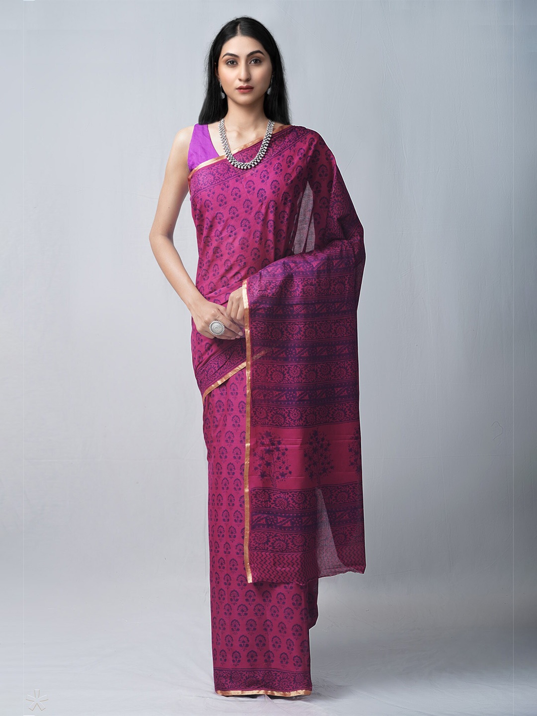 

Unnati Silks Purple & Gold-Toned Bagh Zari Pure Cotton Venkatgiri Saree