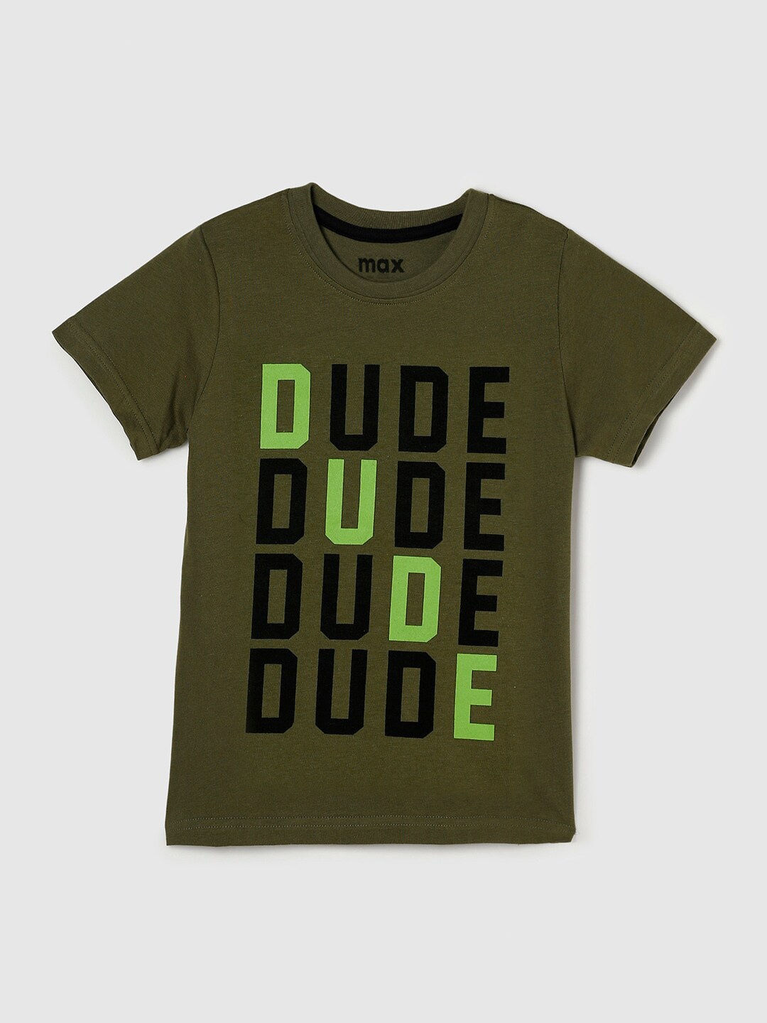 

max Boys Olive Green Typography Printed Cotton T-shirt
